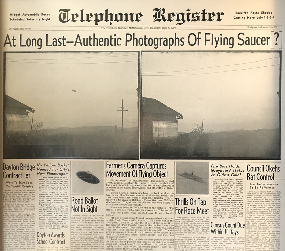 McMinnville UFO, Oregon History, 1950, Unexplained, Mysteries, Paul Trent, Evelyn Trent, Sheridan, OR, McMenamins UFO Festival, Real or Hoax, Image Analysis, Missing Negatives, Pacific Northwest, UAP, LIFE magazine, Events, Things To Do