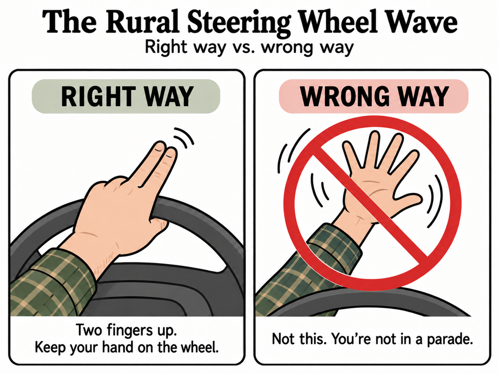 The Two-Finger Wave, Rural Oregon, Courtesy, Steering Wheel Wave, Back Roads, Look Like a Local, Unspoken Rule, Driving Tips, Infographic