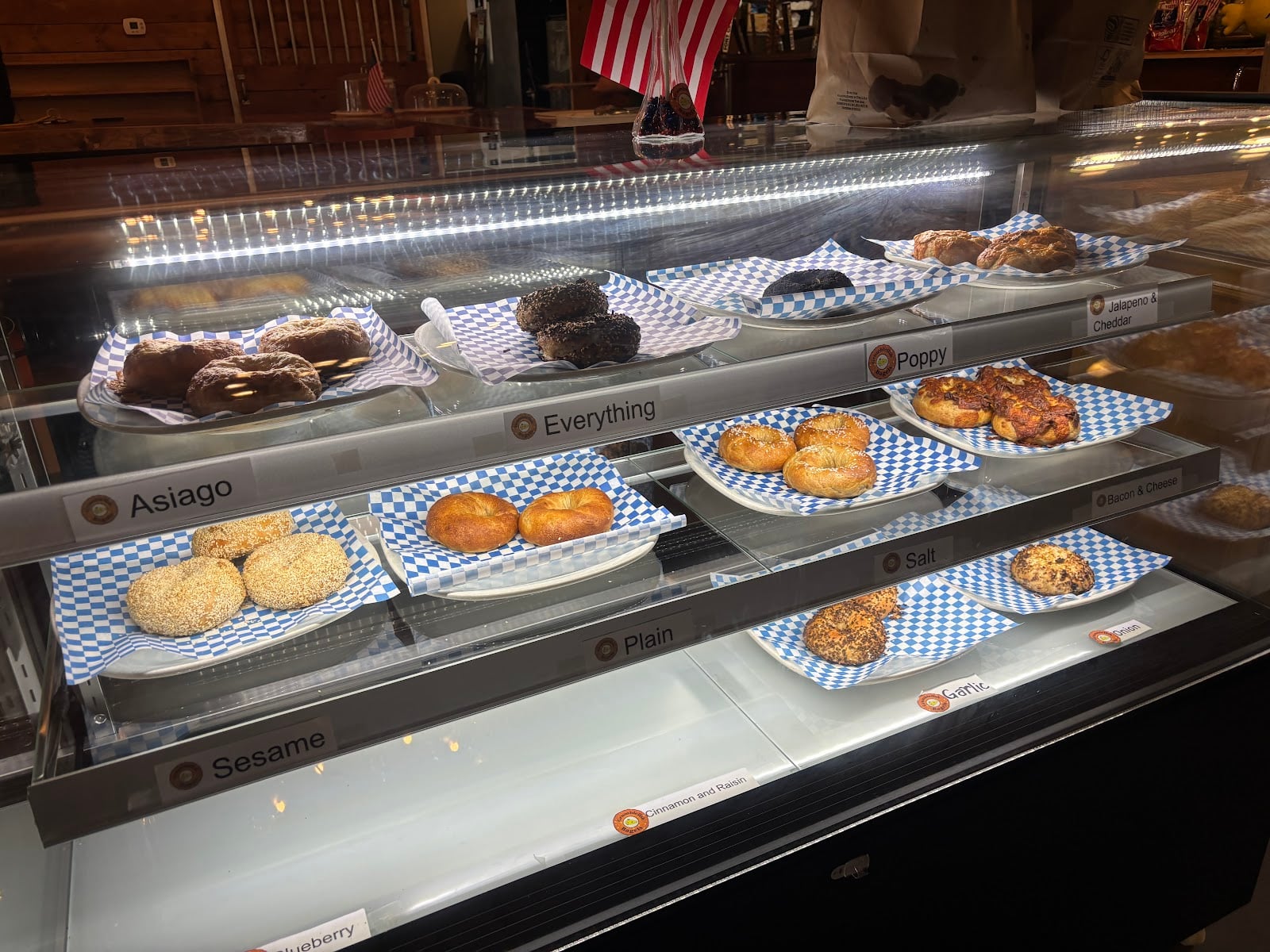 A selection of bagels in the Grumblefish display case.