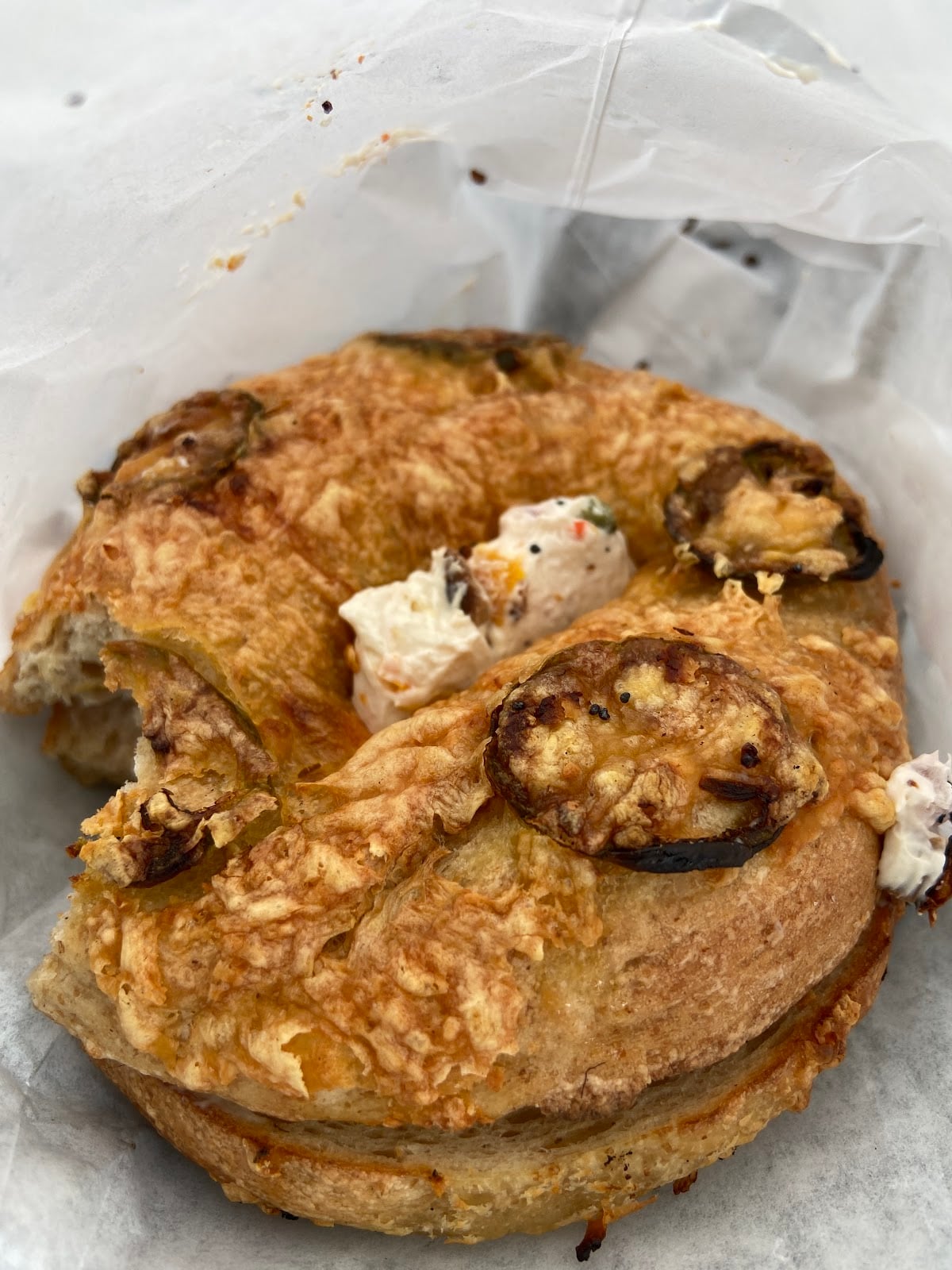 A jalapeño-and-cheese bagel with cream cheese.