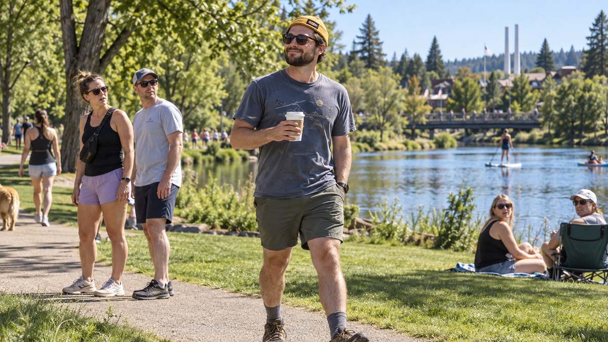 patagonia-man-bend Man wearing a tiny mustard-yellow Patagonia beanie and sunglasses holds a coffee beside a sunny pond as nearby parkgoers look on.