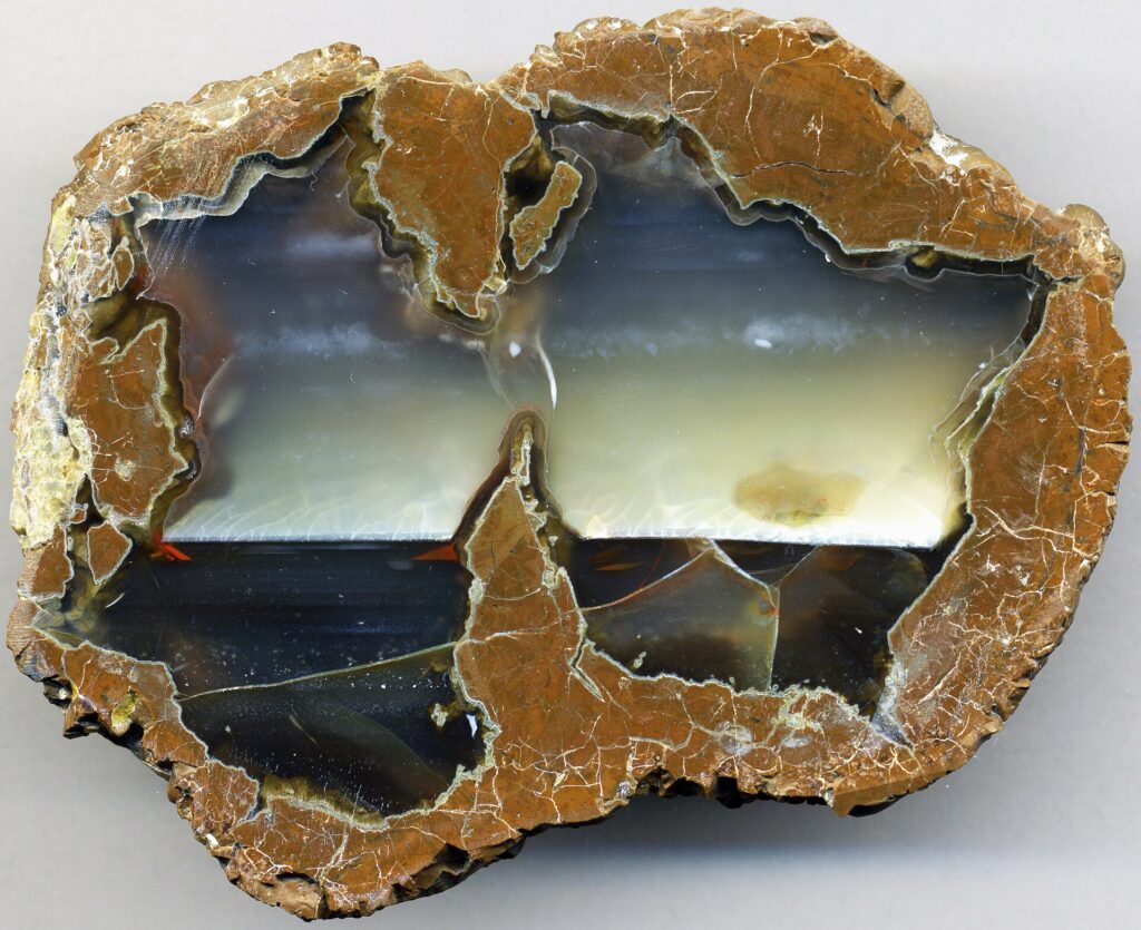 Cut Oregon thunderegg showing translucent agate bands