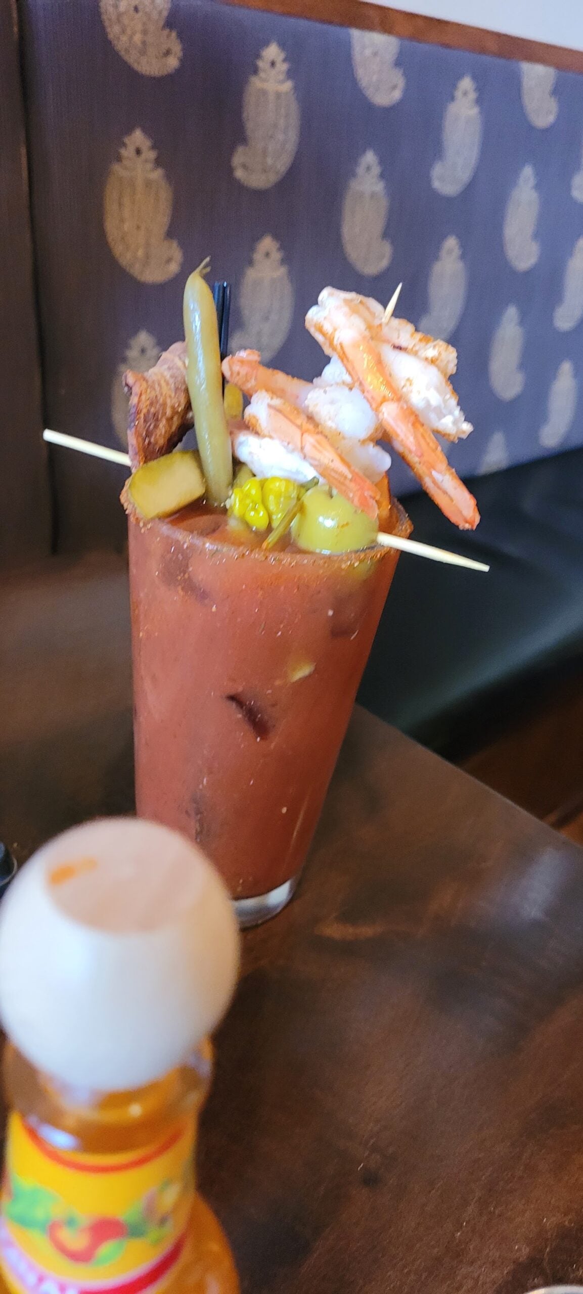 A garnished Bloody Mary from a brunch visit to Brick & Mortar Cafe.