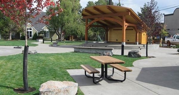 The performance area and picnic tables at Fir Street Park in a November 2017 photograph.