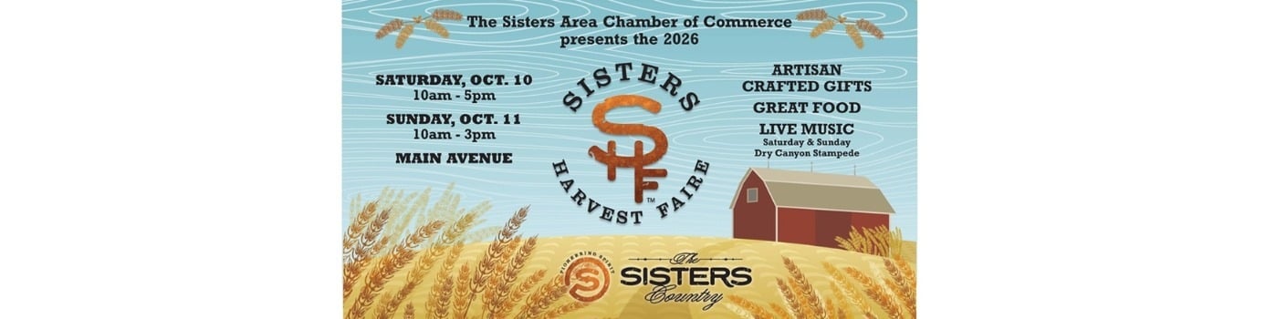 The official 2026 Sisters Harvest Faire poster lists the dates, hours, location, and live music.