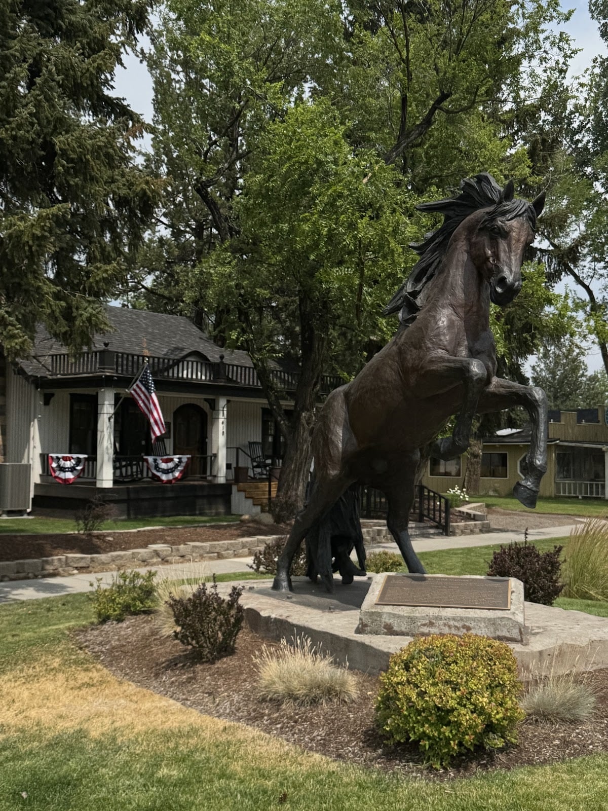 An outdoor horse sculpture photographed in Sisters