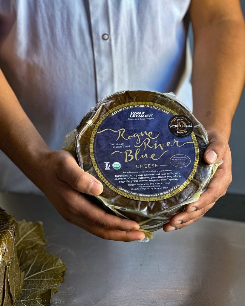 Rogue Creamery, Central Point Oregon, Rogue Blue Cheese, Best in the World, Gold Winner, International Competition, Where to Buy, Support Local, Made Right Here, Pear Brandy Soaked, Wrapped in Grape Leaves, Organic, Food Lovers, World Cheese Awards