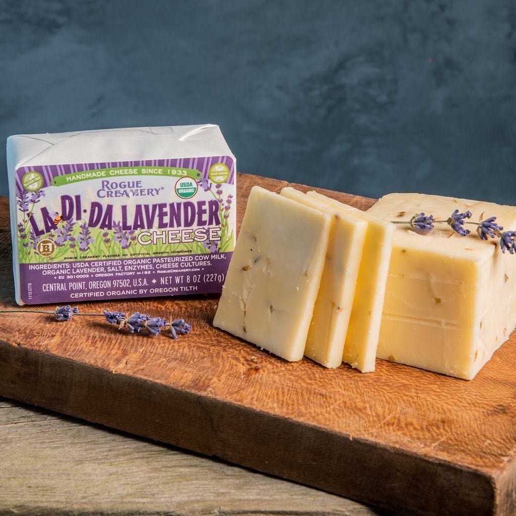 Rogue Creamery, Central Point Oregon, Rogue Blue Cheese, Best in the World, Gold Winner, International Competition, Where to Buy, Support Local, Made Right Here, Pear Brandy Soaked, Wrapped in Grape Leaves, Organic, Food Lovers, World Cheese Awards, LaDiDa Lavender Cheddar