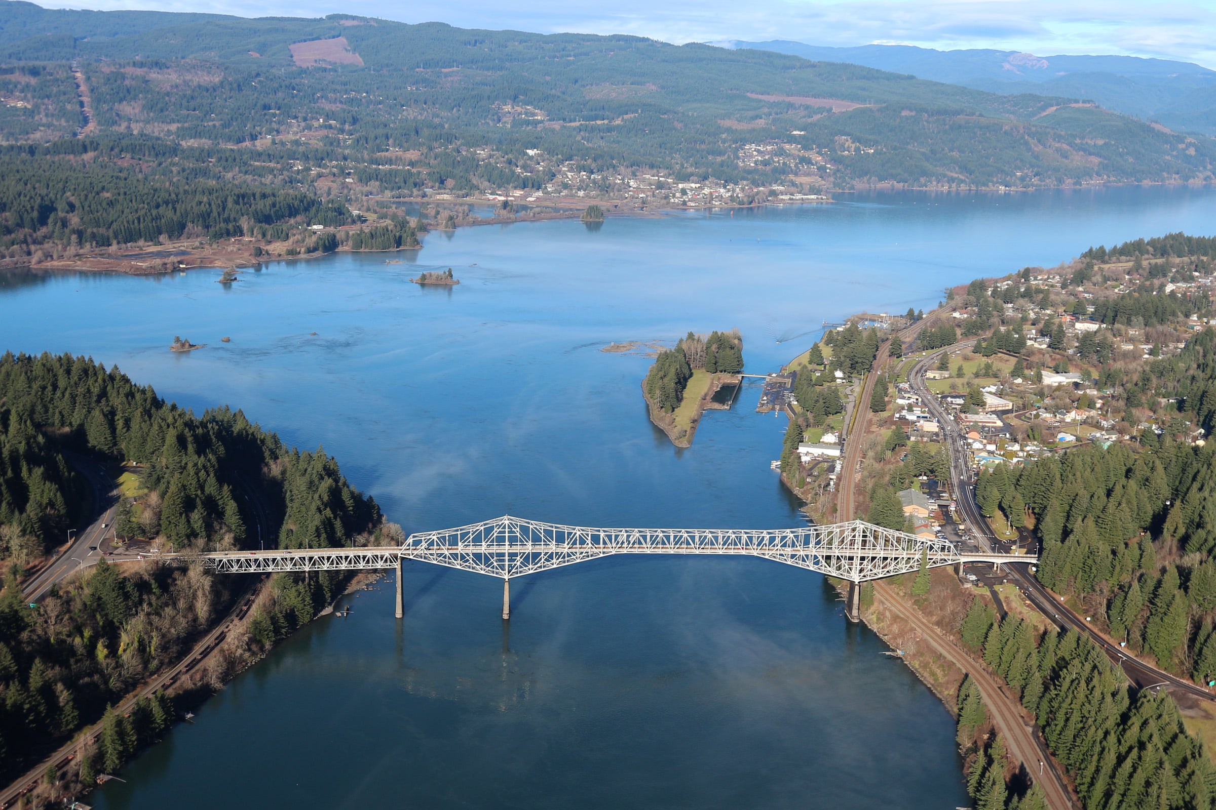 Bridge of the Gods aerial view in January 2015 Aerial view of the steel Bridge of the Gods spanning the Columbia River beside Cascade Locks