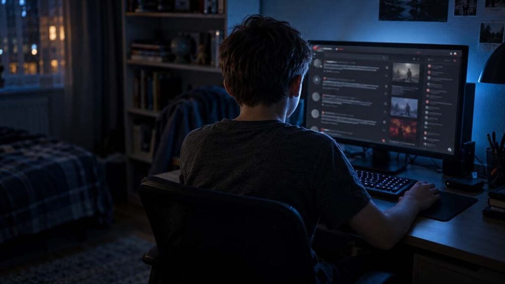 A child viewed from behind sits at a computer in a dim bedroom, illuminated by blue light from a screen displaying a blurred online forum.