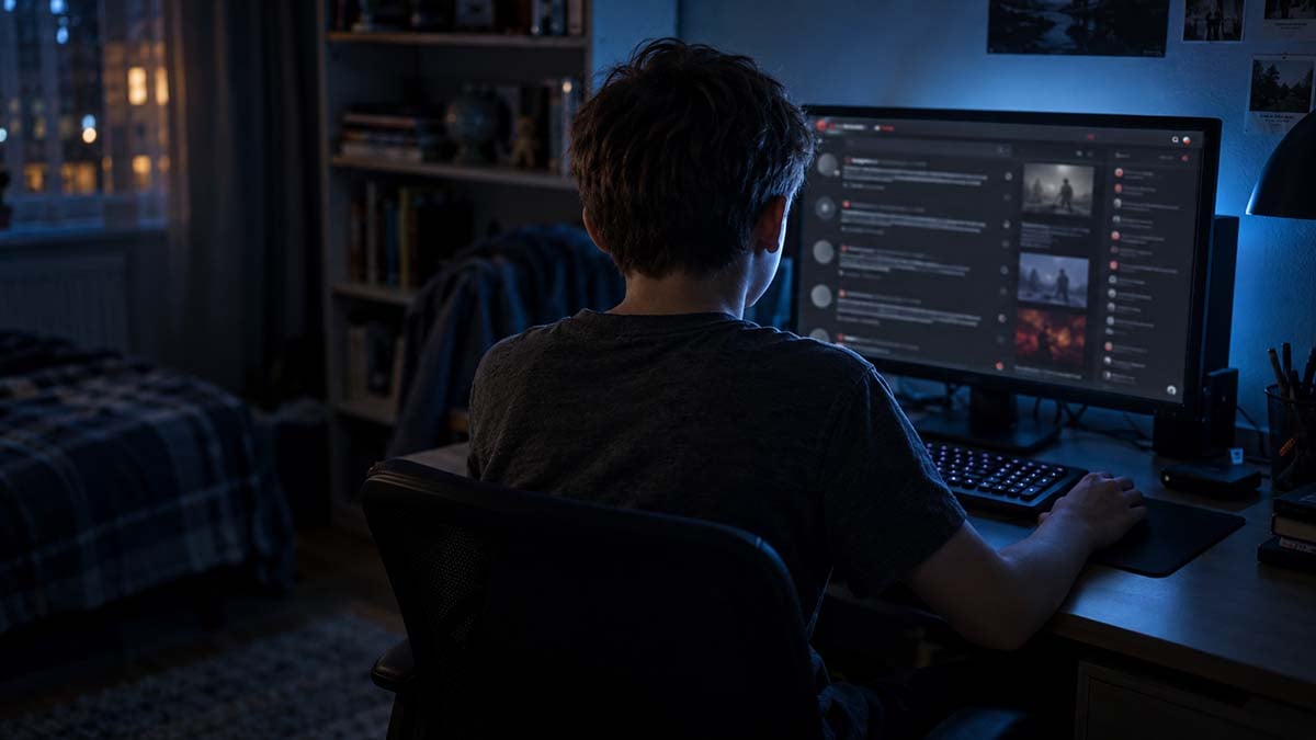 child-online-web A child viewed from behind sits at a computer in a dim bedroom, illuminated by blue light from a screen displaying a blurred online forum.