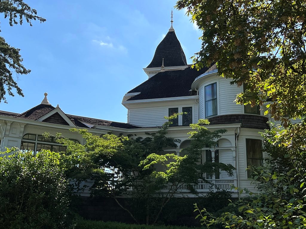 Upper stories and turret of Deepwood house rising behind leafy garden trees
