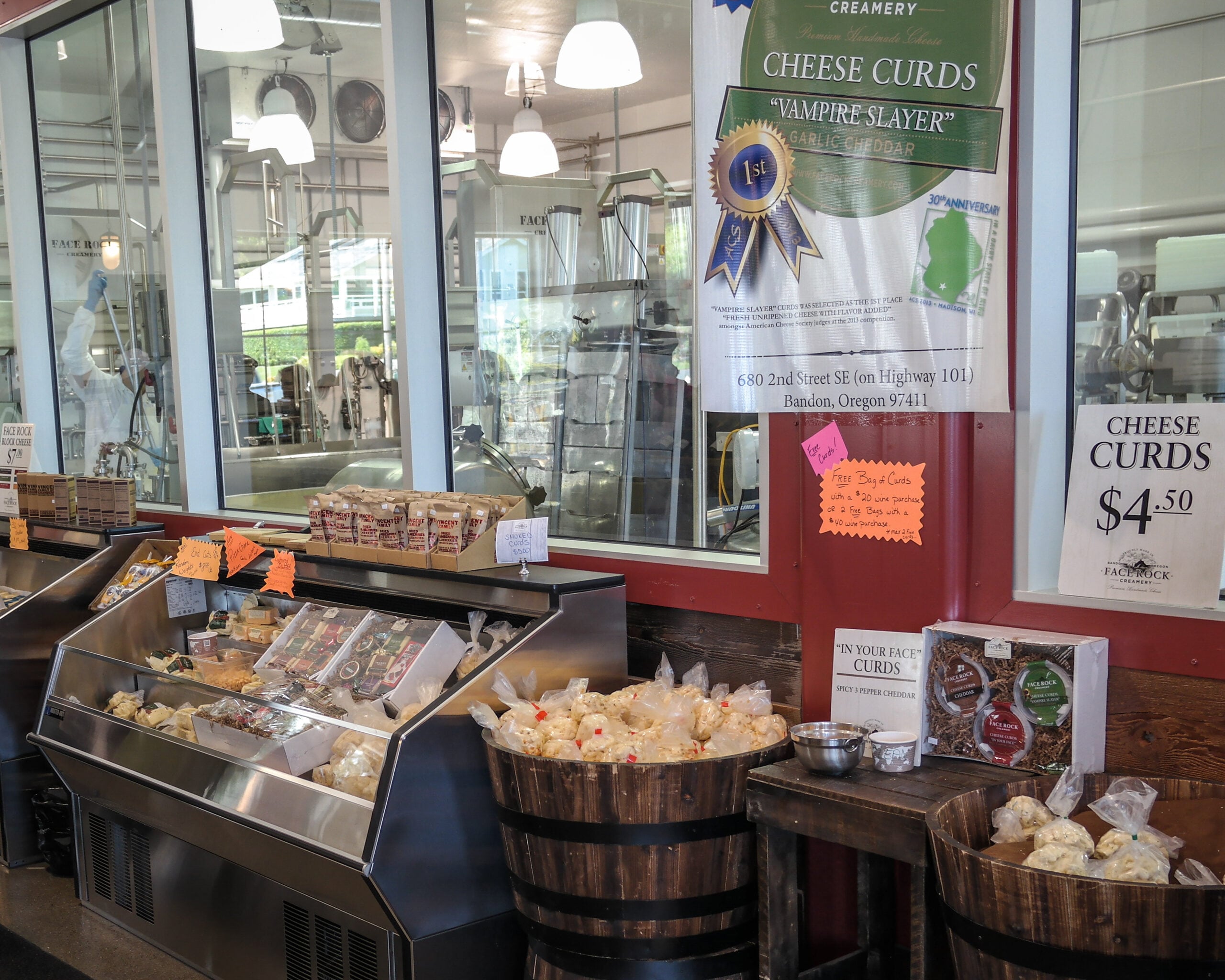 Face Rock Creamery interior and curd counter Cheese curd counter and view into the cheesemaking room at Face Rock Creamery in Bandon