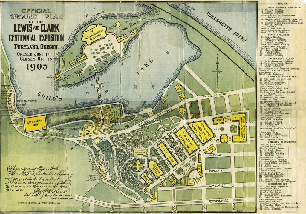 Lewis and Clark Centennial Exposition, portland oregon, 1905, history, worlds fair, guilds lake, NW Industrial District, surviving structures, where was it, sacajawea statue, mcmenamins st. johns, interesting, PDX stories, forestry center fire, construction, old maps
