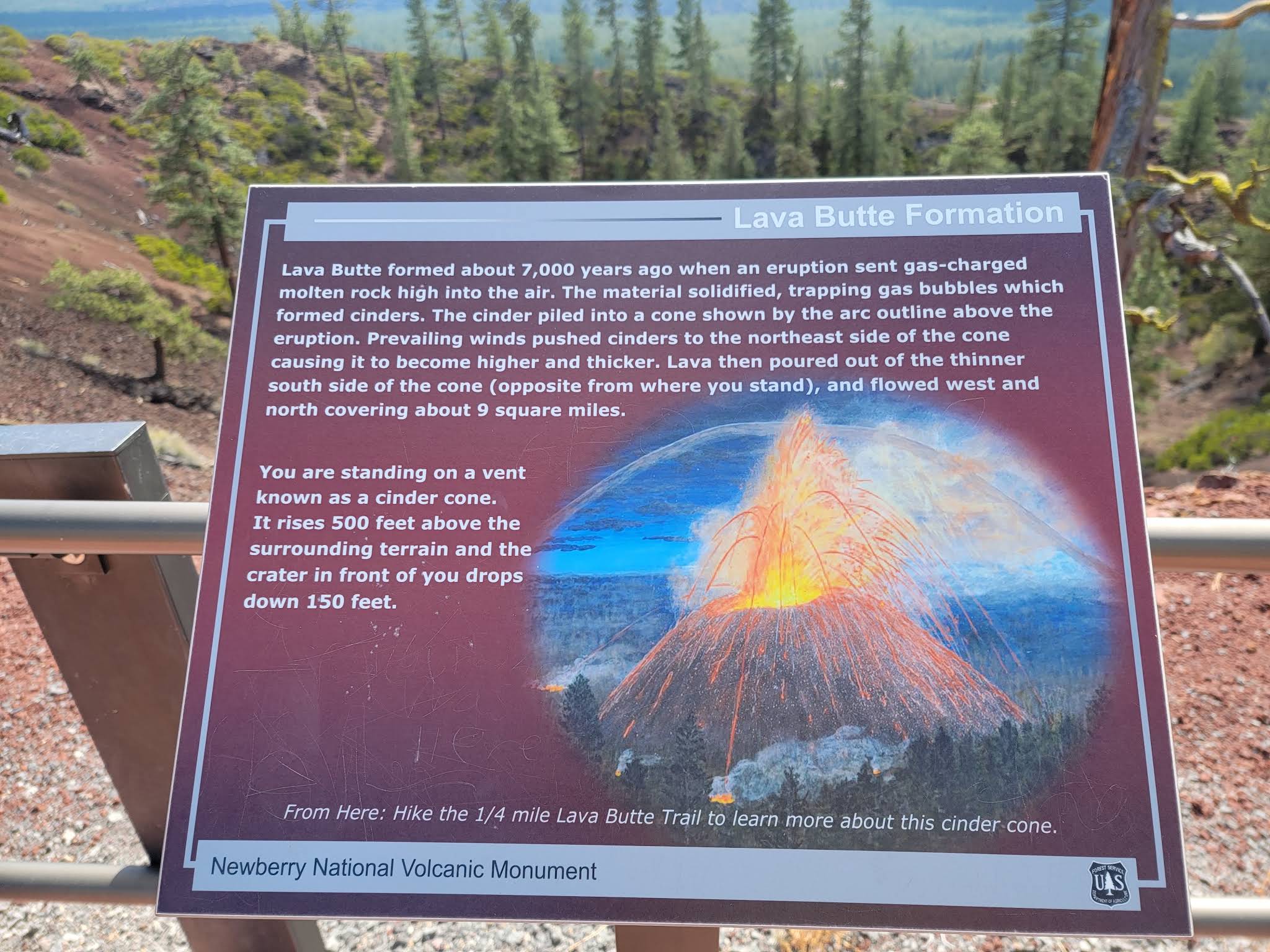 Lava Butte Formation interpretive panel showing an eruption diagram beside the crater
