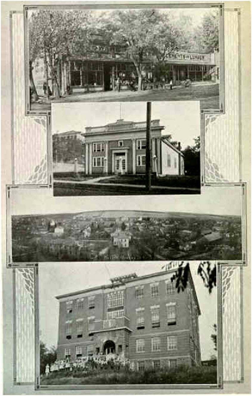 A 1922 printed page showing Jones and Jones store, Weston's community building, a town view, and the public school
