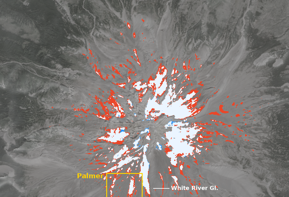 Mount Hood snow and ice comparison — August 24, 2025 and 2026 Satellite comparison of Mount Hood surface snow and ice on August 24, 2025 and 2026, with red areas showing snow and ice absent in 2026