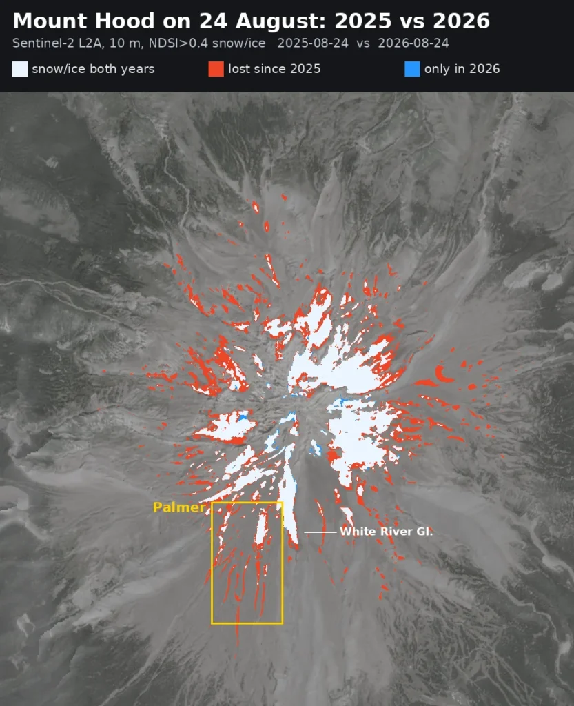 Satellite difference map comparing surface snow and ice around Palmer on August 24, 2025 and August 24, 2026, with extensive red areas inside the Palmer study boundary