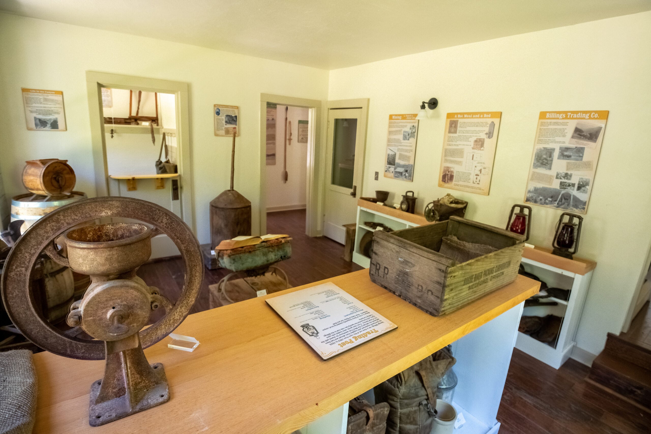 Historic tools, objects and interpretive panels inside the Rogue River Ranch museum
