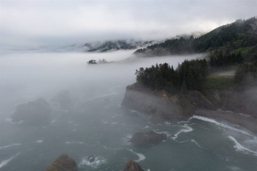 Fog drifting over forested cliffs and rocky coves along the Samuel H. Boardman State Scenic Corridor.