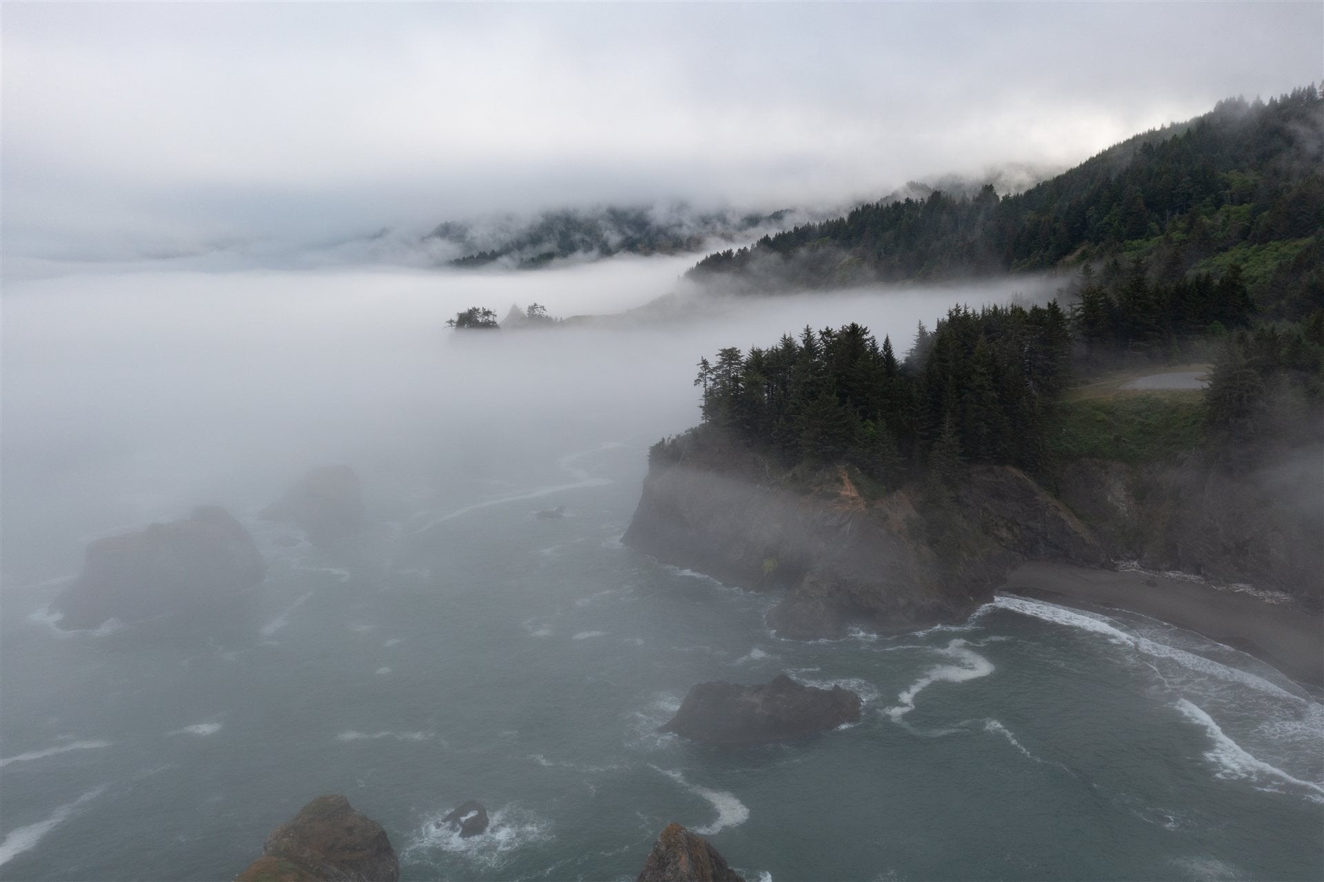 samuel-h-boardman-coast-fog Fog drifting over forested cliffs and rocky coves along the Samuel H. Boardman State Scenic Corridor.