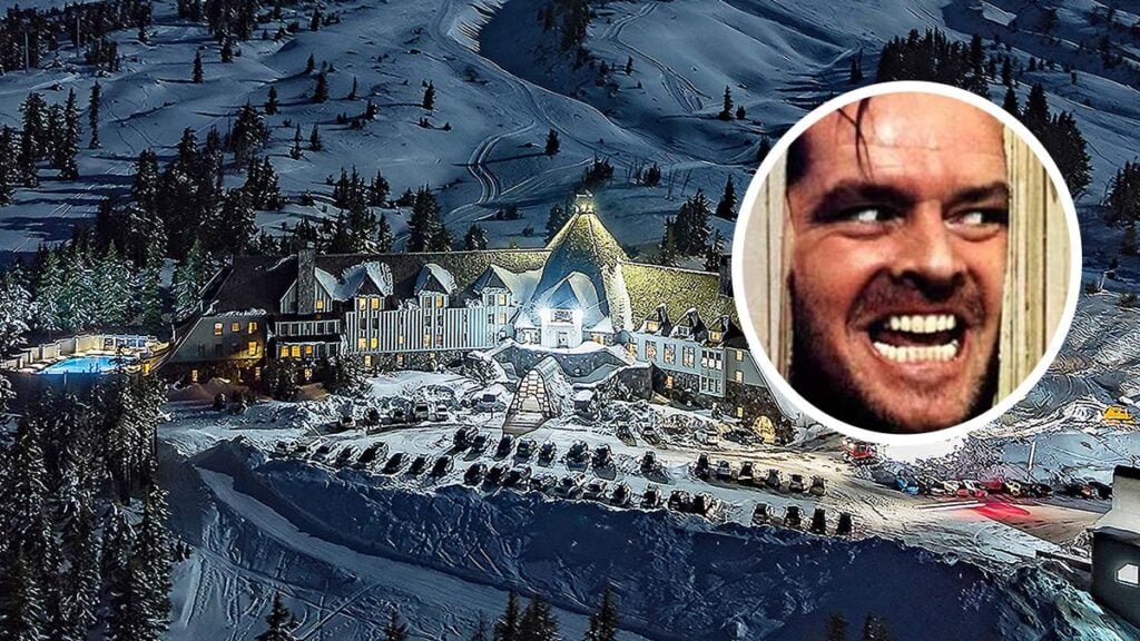Timberline Lodge illuminated at night on snowy Mount Hood, with a circular inset of Jack Nicholson in The Shining.